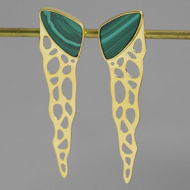 Jagged Long Drop Earrings with Green Malachite