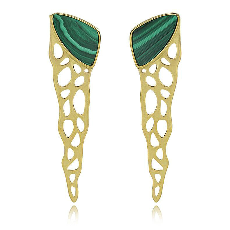 Jagged Long Drop Earrings with Green Malachite